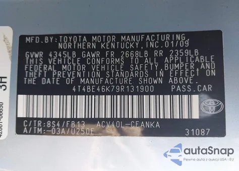 2009 Toyota Camry Le from USA, damaged, VIN 4T4BE46K79R131900